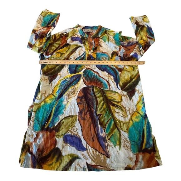 Life Style Split Neck Tunic Top Blouse Multicolor Tropical Leaf Print Size 1X - Picture 4 of 10